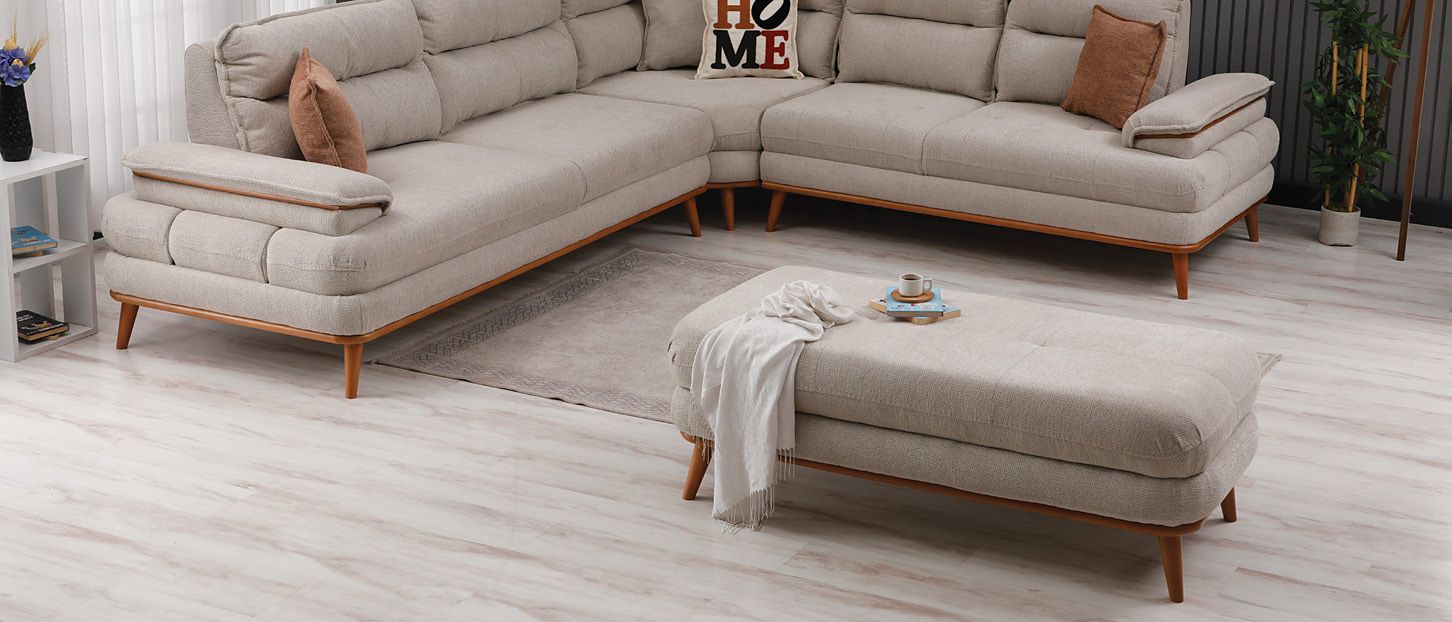 Palermo köşe takımı, kirli beyaz şenil kumaş, ceviz ayak — Florya Furniture